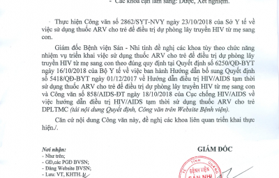 Công văn số 614/BVSN-KHTH v/v Sử dụng thuốc ARV cho trẻ để điều trị dự phòng lây truyền HIV từ mẹ sang con